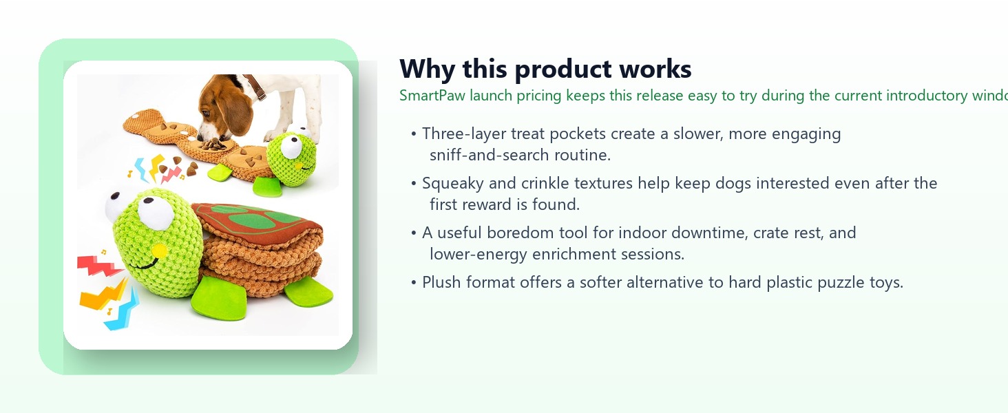 Snuffle Turtle Treat Toy for Dogs with Squeaky Crinkle Layers highlights